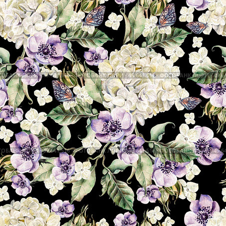 Bright watercolor seamless pattern with flowers  anemones and hydrangea. Illustration. Bright watercolor seamless pattern with flowers  anemones and hydrangea. . Стоковое фото, агентство Ingram Publishing / Фотобанк Лори