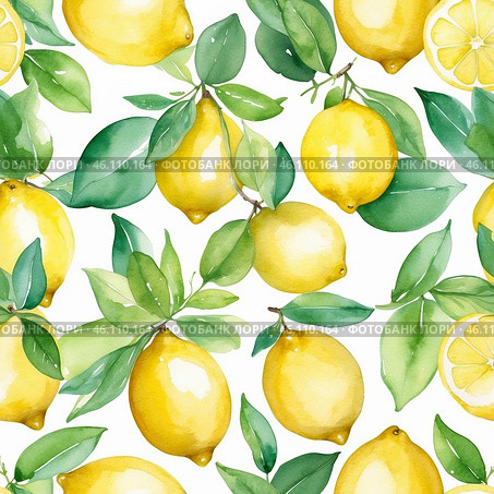 Bright yellow lemons with green leaves create a vibrant repeated pattern for fresh design inspiration. Стоковое AI-изображение, AI-художник Сергей Толмачёв / Фотобанк Лори