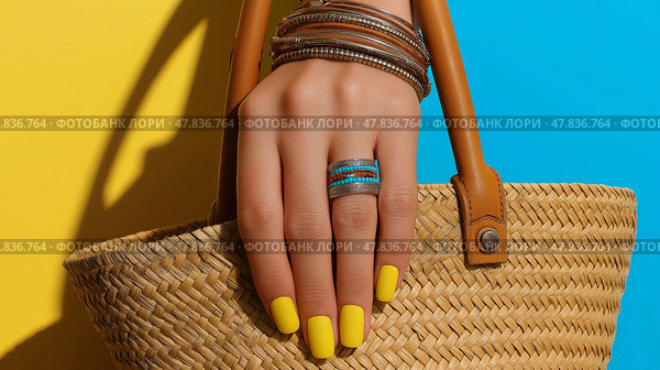 Bright yellow nails and stylish accessories enhance a summer vibe. Ярко-желтые ногти и стильные аксессуары подчеркивают летний образ. Стоковое AI-изображение, AI-художник Katsiaryna Repich / Фотобанк Лори