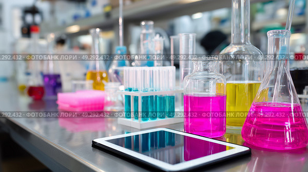 Brightly colored chemicals in laboratory glassware on a stainless steel table with digital device in modern research facility. Стоковое AI-изображение, AI-художник Сергей Толмачёв / Фотобанк Лори