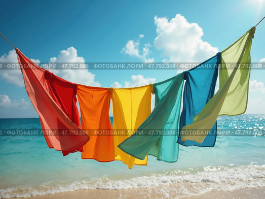 Brightly Colored Fabrics Sway Gently on a Clothesline by the Beach, With the Sun Shining and the Ocean Lapping Softly at the Shore. Стоковое AI-изображение, AI-художник Sergey Grishin / Фотобанк Лори