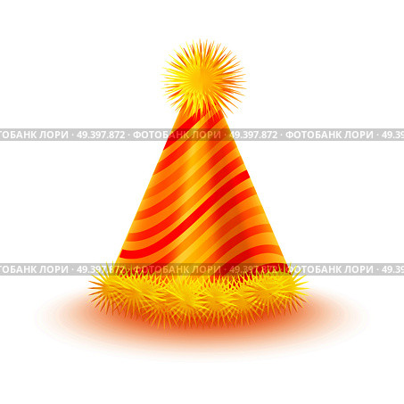 Brightly decorated with fluffy pompons and striped pattern party hat. Yellow paper conical cap for festive costumes isolated vector illustration. Birthday or New Year party dressing accessory icon. Стоковая иллюстрация, агентство Ingram Publishing / Фотобанк Лори