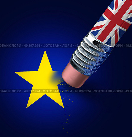 Britain European union exit decision as a brexit leave concept and UK leaving vote or Euro zone crisis as a pencil with the british flag erasing a star of the Europe icon as a 3D illustration. Стоковое фото, агентство Ingram Publishing / Фотобанк Лори