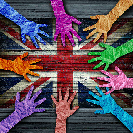 British diversity as diverse hands made of crumpled paper connected together as a concept for Britain citizen solidarity and patriotic friendship in the United Kingdom in a 3D illustration style. Стоковое фото, агентство Ingram Publishing / Фотобанк Лори