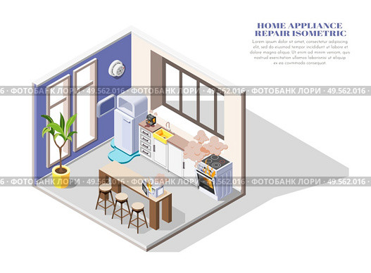 Broken home appliances isometric composition with leaking fridge burning oven and microwave in kitchen 3d vector illustration. Стоковая иллюстрация, агентство Ingram Publishing / Фотобанк Лори