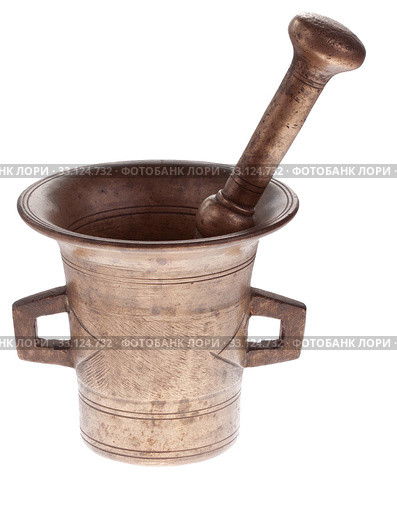 Bronze ancient mortar and pestle - isolated on white background. Стоковое фото, фотограф Sergiy Artsaba / PantherMedia / Фотобанк Лори