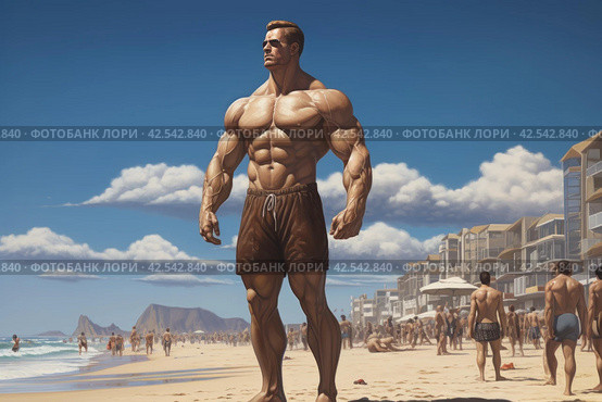 Bronzed Muscle man beach. Generate Ai. Стоковое AI-изображение, AI-художник Иван Рябоконь / Фотобанк Лори