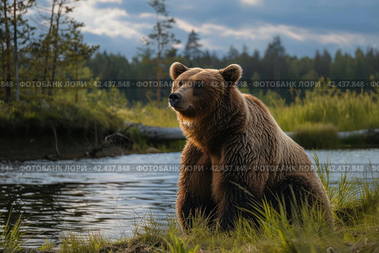 Brown bear against the background of a lake,    Generative AI. Стоковое AI-изображение, AI-художник Анна Кривицкая / Фотобанк Лори