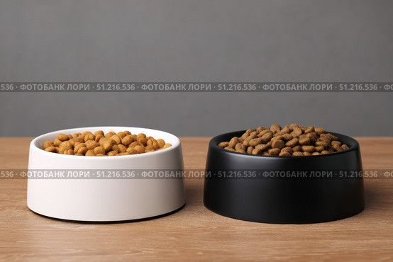 Brown Kibble Pet Food in Two White and Black Bowls. Lot of Dry Granules of Crunchy Dog or Cat Food. Animal Feed Pile. Pet Shop, Delivery. Healthy Treat. Feline Feeding. Domestic Animals Food Banner. Стоковое AI-изображение, AI-художник Марина Демидюк / Фотобанк Лори