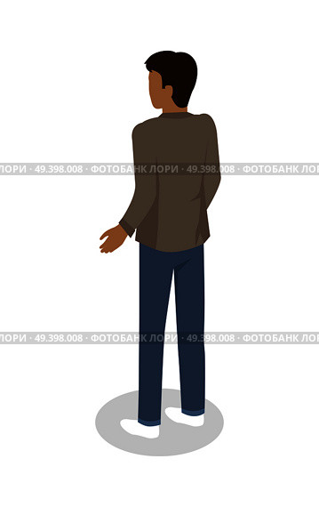 Brunette man in casual clothing standing backwards isometric projection vector isolated on white. Male character figure in jacket and jeans from back view 3d illustration for icons or web design. Стоковая иллюстрация, агентство Ingram Publishing / Фотобанк Лори