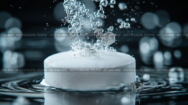 Bubbles rise as a tablet dissolves in water creating an interesting visual. Во время растворения таблетки в воде поднимаются пузырьки, создавая интересный визуальный эффект. Стоковое AI-изображение, AI-художник Katsiaryna Repich / Фотобанк Лори