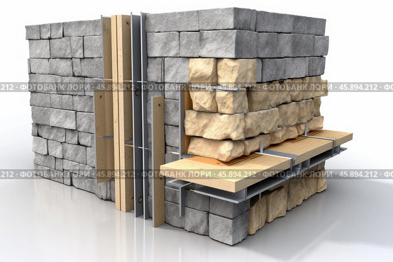 Building cutaway showing stone cladding, wood, and metal framing. Стоковое AI-изображение, AI-художник Иван Рябоконь / Фотобанк Лори