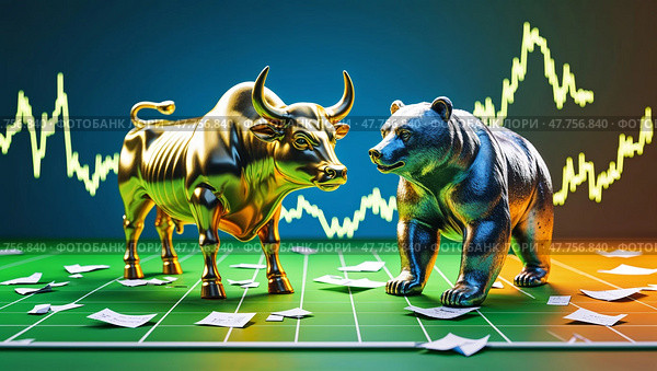 Bull and bear market symbols collide in dynamic financial environment with colorful graph background. Стоковое AI-изображение, AI-художник Сергей Толмачёв / Фотобанк Лори