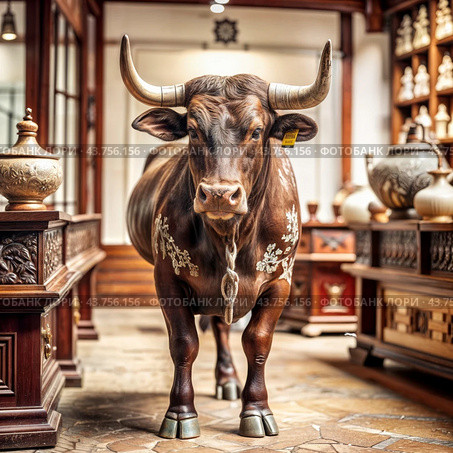 bull in the china shop idiom illustration. Стоковое AI-изображение, AI-художник Виктор Застольский / Фотобанк Лори