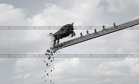 Bull market danger and economic panic concept trending upwards as a precarious financial profit symbol and bullish stock market in collapse as investors running higher from ruin with 3D render elements. Стоковое фото, агентство Ingram Publishing / Фотобанк Лори