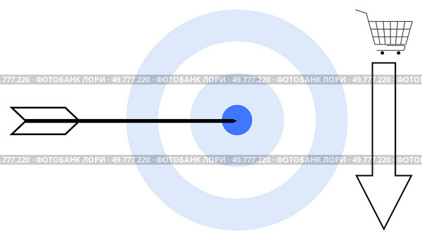 Bullseye with arrow in center, shopping cart on arrow tip Ideal for targeting, marketing, business strategy, precision, online shopping Simple clean vector style. Precise Marketing Strategy Depicted with Bullseye and Shopping Cart Elements. Стоковая иллюстрация, агентство Ingram Publishing / Фотобанк Лори