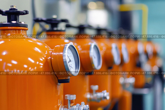 Bundle of gas cylinder and high pressure gauges, meter, valve. Orange gas tanks. Many argon cylinders with compressed oxygen for industry, welding. Fuel manufacturing. Liquefied gas production factory. Стоковое AI-изображение, AI-художник Марина Демидюк / Фотобанк Лори
