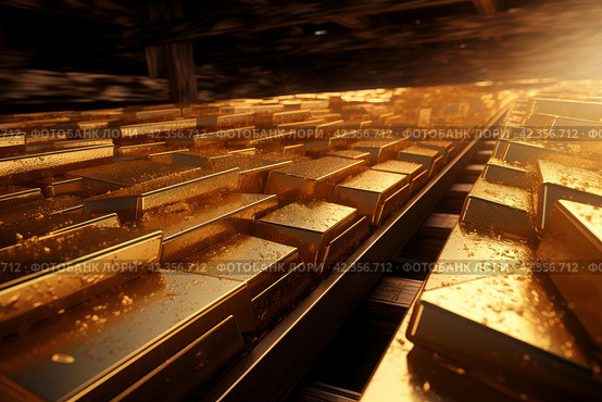 Burdensome Piles gold bar conveyor debt. Generate Ai. Стоковое AI-изображение, AI-художник Иван Рябоконь / Фотобанк Лори