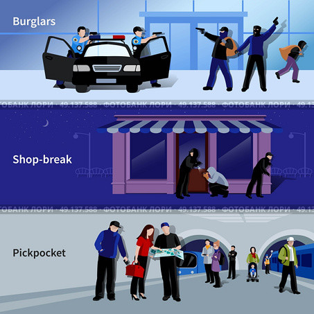 Burglar Icons Banners.  Horizontal armed burglars and criminals committing thefts in bank shop and metro flat banners isolated vector illustration. Стоковая иллюстрация, агентство Ingram Publishing / Фотобанк Лори