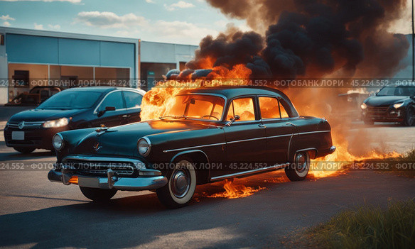 Burning car. Fire of a passenger car in a city parking lot. Fire in the engine compartment, short circuit in the wiring. Open fire and black smoke. Road incident. Gangster mafia wars, AI. Стоковое AI-изображение, AI-художник Sergey Grishin / Фотобанк Лори
