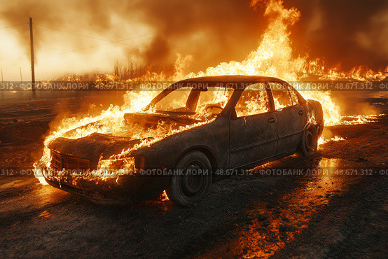 Burning Car Wreck at Night, Dramatic Fiery Collision Aftermath with Intense Flames and Smoke. Ночное крушение горящего автомобиля, драматические последствия огненного столкновения с интенсивным пламенем и дымом. Стоковое AI-изображение, AI-художник Katsiaryna Repich / Фотобанк Лори