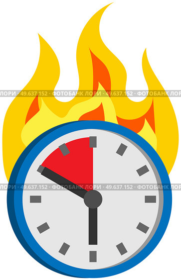 Burning clock isolated on white background. Few minutes left until end of term. Clock shows remaining time to deal with deadlines. Watch with arrows burning on fire. Lack of time and deadline at work. Burning clock shows remaining time. Lack of time and deadline at work. Watch with arrows on fire. Стоковая иллюстрация, агентство Ingram Publishing / Фотобанк Лори
