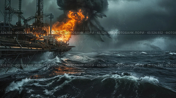 Burning oil platform at sea. The platform is engulfed in flames, tongues of fire and clouds of thick black smoke bursting out of it. The sea around is seething and stormy, with large waves crashing against the platform, adding to the drama of the scene. The sky is overcast with dark thunderclouds, enhancing the atmosphere of disaster and danger. Стоковое AI-изображение, AI-художник Анна Кривицкая / Фотобанк Лори