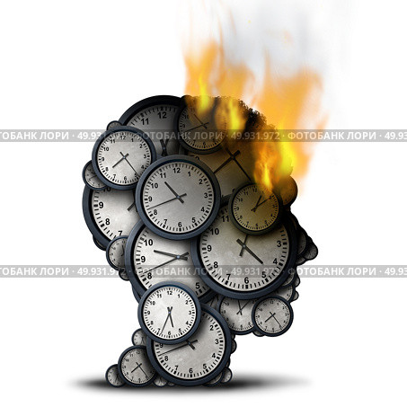 Burning time concept as a business stress idea with a human head made of clocks that is on fire as a corporate deadline pressure metaphor as a 3D illustration. Стоковое фото, агентство Ingram Publishing / Фотобанк Лори