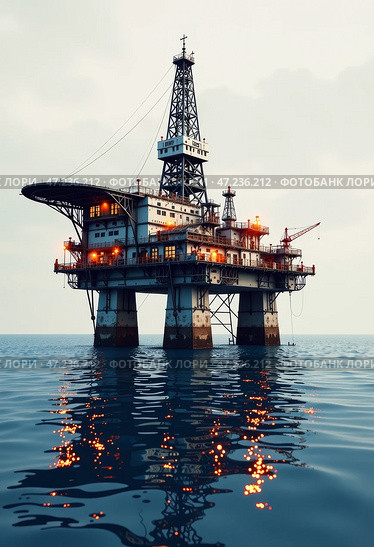 Буровая платформа для бурения скважин в море. Добыча нефти и газа на морском шельфе. Drilling platform for drilling wells in the sea. Oil and gas production on the sea shelf. Стоковое AI-изображение, AI-художник Гер Олег / Фотобанк Лори