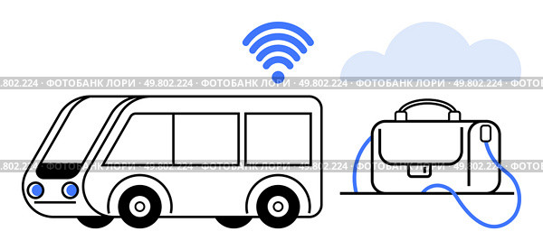Bus and briefcase connected by cable to wireless and cloud icon. Ideal for smart transportation, future mobility, IoT, business travel, network connectivity, technology integration, cloud services. Smart Transportation Concept with Connected Bus and Cloud Computing for Efficient Commuting. Стоковая иллюстрация, агентство Ingram Publishing / Фотобанк Лори