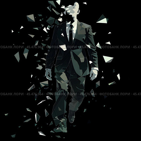 Business career collapse concept. A young man in a suit is breaking into parts isolated on a black background. Low poly wireframe illustration. Work failure. Стоковое AI-изображение, AI-художник Александра Рублева / Фотобанк Лори