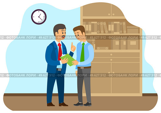 Business communication. Businessman transfers paper to an employee. Boss accepts documents from subordinate. Two businessman working in office. Flat illustration regular meeting office companionship. Business communication. Businessman transfers paper to an employee. Boss accepts documents. Стоковая иллюстрация, агентство Ingram Publishing / Фотобанк Лори