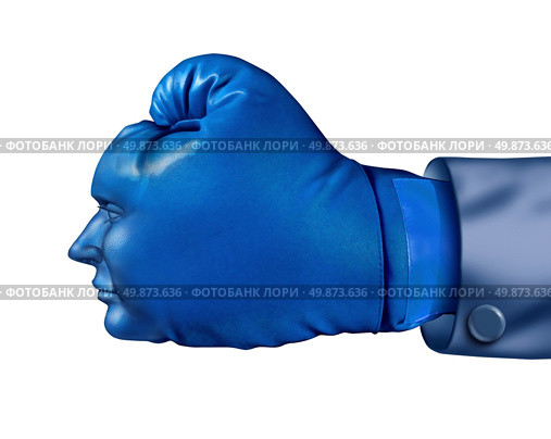Business competitor and financial competitive advantage symbol with a blue boxing glove in the shape of a human head  as a leadership strategy and aggressive planning concept isolated on white. Стоковое фото, агентство Ingram Publishing / Фотобанк Лори