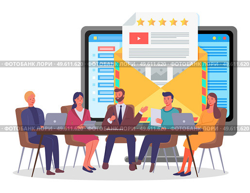 Business conference. Teamwork. Businesspeople sitting at table. Giving feedback to users or customers of website, analysing consumer demands, rating stars, increase popularity of social network. Giving feedback to users or customers of website, analysing consumer demands, rating stars. Стоковая иллюстрация, агентство Ingram Publishing / Фотобанк Лори