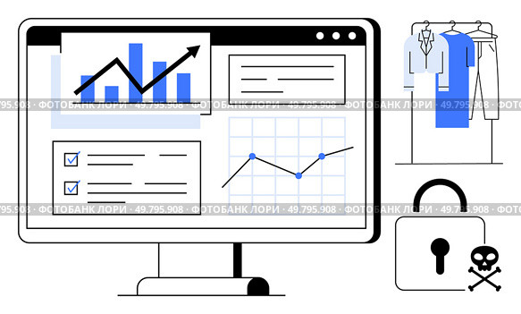 Business data analysis on computer screen including charts, graphs, and checklists. Clothing rack, lock with crossbones. Ideal for business, data analysis, e-commerce, cybersecurity technology. Analyzing Business Data on Computer Screen with Security and E-commerce Elements. Стоковая иллюстрация, агентство Ingram Publishing / Фотобанк Лори
