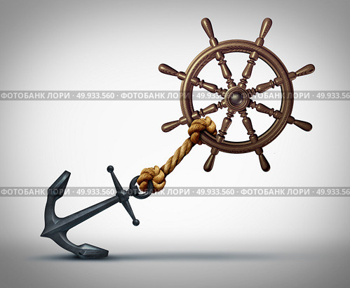 Business direction struggle and success effort to steer and navigate towards success as a ship wheel held back by an anchor with 3D illustration elements.. Business Direction Struggle. Стоковое фото, агентство Ingram Publishing / Фотобанк Лори