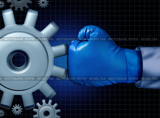 Business fight conflict concept with a blue boxing glove confronting and challenging a giant mechanical gear as a concept for financial competition and career battle to conquer and be successful against adversity. Стоковое фото, агентство Ingram Publishing / Фотобанк Лори