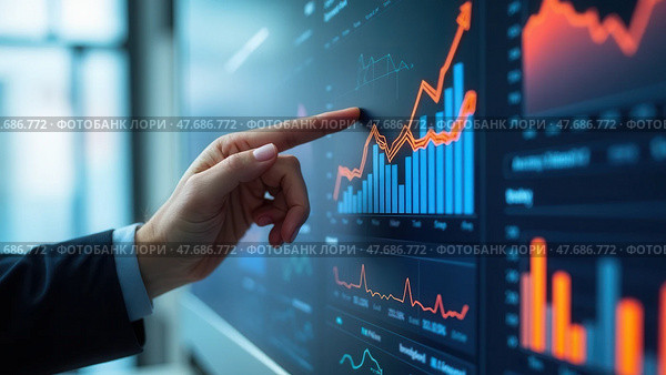 Business finance data analytics graph. Advisor using KPI Dashboard on virtual screen. Financial management technology. Стоковое AI-изображение, AI-художник Sergey Grishin / Фотобанк Лори