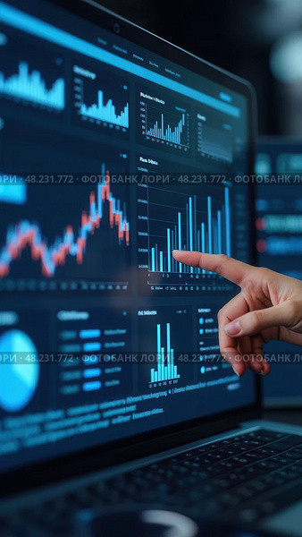 Business finance data analytics graph. Advisor using KPI Dashboard on virtual screen. Financial management technology. Стоковое AI-изображение, AI-художник Sergey Grishin / Фотобанк Лори