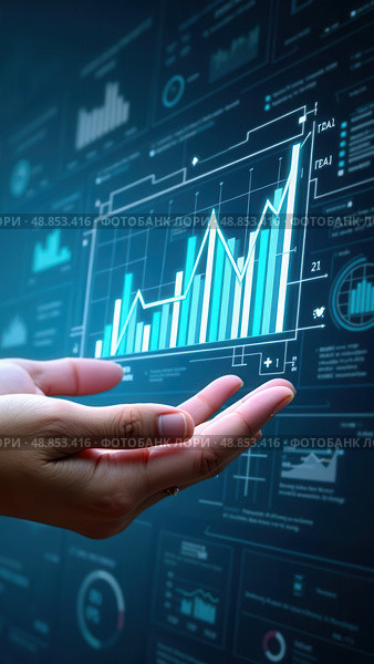 Business finance data analytics graph. Advisor using KPI Dashboard on virtual screen. Financial management technology. Стоковое AI-изображение, AI-художник Sergey Grishin / Фотобанк Лори