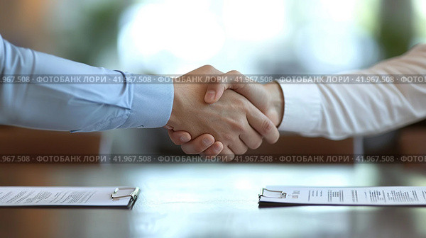 Business handshake . Two businessmen made a deal. Generative AI. Стоковое AI-изображение, AI-художник Александр Трофимович / Фотобанк Лори