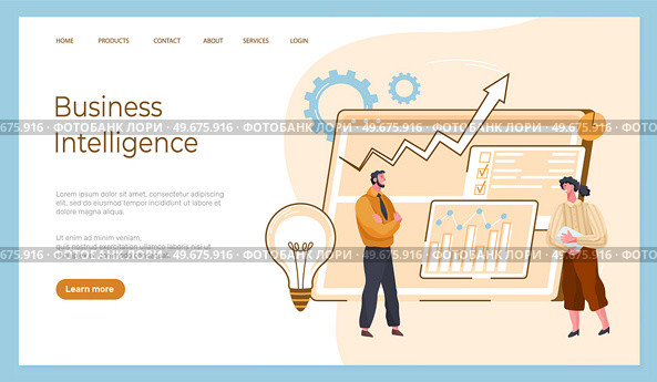Business intelligence, data analysis, IT management tools concept. Website homepage interface UI template. Landing web page with infographic concept. People analyze statistics for business development. People analyze statistics ,business intelligence development. Website homepage interface UI template. Стоковая иллюстрация, агентство Ingram Publishing / Фотобанк Лори