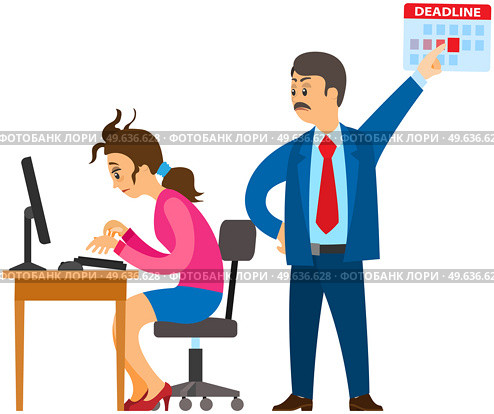 Business lady works at computer in office to finish task before deadline. Boss urges employee to complete assignments at designated time. Working in office and implementation of assign tasks concept. Woman works at computer to finish task before deadline. Angry boss in office urges employee. Стоковая иллюстрация, агентство Ingram Publishing / Фотобанк Лори