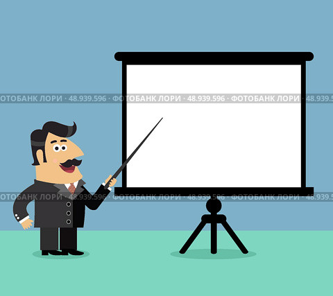 Business life shareholder boss makes a presentation pointing on blank flipchart scene vector illustration. Стоковая иллюстрация, агентство Ingram Publishing / Фотобанк Лори