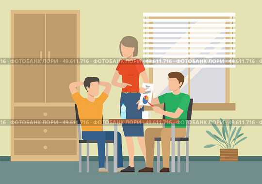 Business meeting or working process. Men sitting in office at a table, woman explains presentation on paper sheet. Project management and teamwork concept. Businessman make a financial report. Business meeting. Men sitting in office at a table, woman explains presentation on paper sheet. Стоковая иллюстрация, агентство Ingram Publishing / Фотобанк Лори