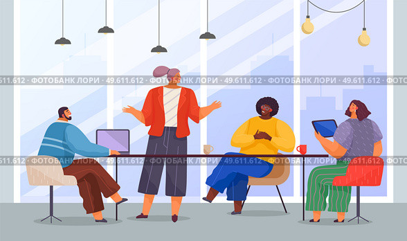 Business meeting, working process. Woman manager talking to boss about conclusion of a new contract. Businessman chief sitting at a big table in office room typing on the laptop, brainstorm team. Business meeting, working process. Woman manager talking to boss about conclusion of a new contract. Стоковая иллюстрация, агентство Ingram Publishing / Фотобанк Лори