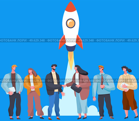 Business partners successful team. Investors make deal, financing of creative projects. Woman and man business handshake. Group of people shake hands standing near rocket, conclude new agreement. Business partners successful team. Investors make deal, financing of creative projects, sturt up. Стоковая иллюстрация, агентство Ingram Publishing / Фотобанк Лори