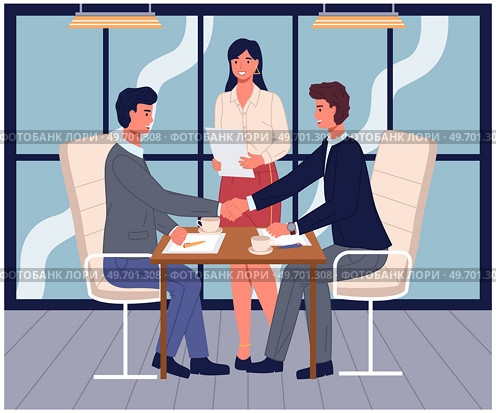 Business partnership cooperation beginning. Businessmen shaking hands after signing contract agreement. Business meeting of partners in office. Male colleagues discussing work and closing deal. Business partnership cooperation. Businessmen shaking hands after signing contract agreement. Стоковая иллюстрация, агентство Ingram Publishing / Фотобанк Лори