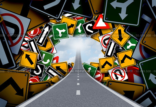Business Path To Success and life journey clarity as a hole through a group of confusing traffic signs revealing a straight road to succeed with 3D illustration elements. Стоковое фото, агентство Ingram Publishing / Фотобанк Лори