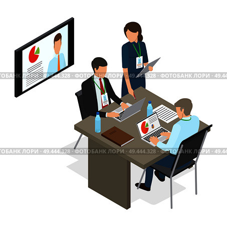 Business people at table deciding working issues. Vector illustration of man working on laptop with diagrams, woman standing at desk, business news showing on plasma TV in office, coaching concept. Business People at Table Deciding Working Issues. Стоковая иллюстрация, агентство Ingram Publishing / Фотобанк Лори